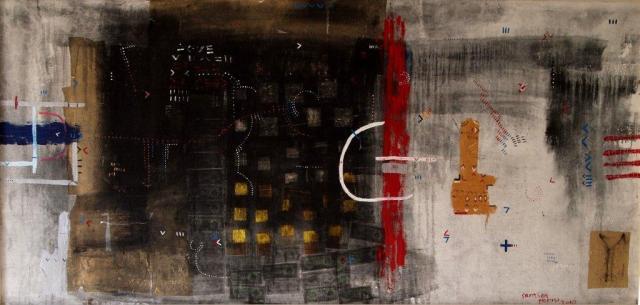 Samson Mnisi, Heavenly Money, 2010, 125 x 270, mixed media on canvas.  