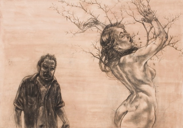 Diane Victor, Birth of a Nation - Apollo and Daphne, 2009, Charcoal and sepia wah on paper 100 x 140 cm